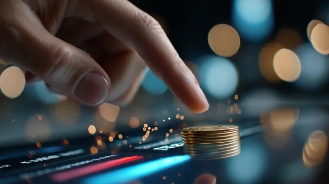 Financial Precision: A close-up view of a hand carefully interacting with a stack of gold coins against a backdrop of blurry lights.
