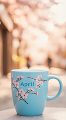 Blue mug with cherry blossom design and April lettering outdoors  