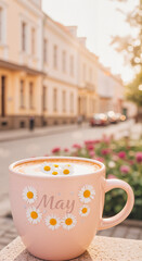 Pink mug with flowers and "May" text in street setting  