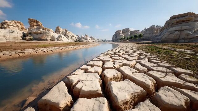 Desert River Landscape: A breathtaking panorama unfolds, showcasing a serene river meandering through a desert landscape.