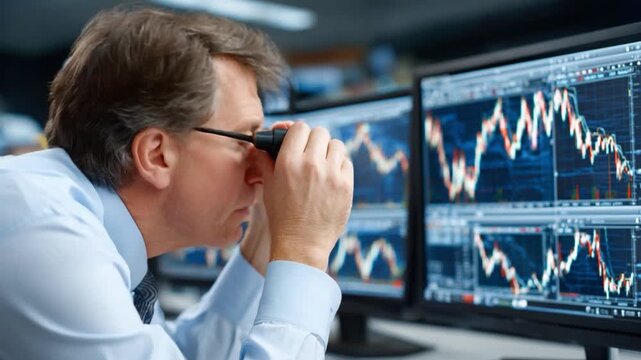 Visionary Insight: A focused analyst intently examines stock market trends on multiple computer screens, peering through binoculars, embodying strategic financial planning and astute market analysis.