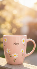 Pink coffee mug decorated with daisies in sunlight outdoors  