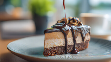 Chocolate mousse cake slice with hazelnut topping and drizzle