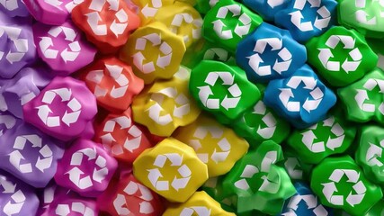Harmony of Renewal: An overhead shot showcases a vibrant kaleidoscope of recycled symbols, each block radiating with color and echoing the message of sustainability and environmental consciousness. 