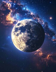 Obraz premium Moon shines brightly against a starry, colorful, and cloudy cosmic backdrop