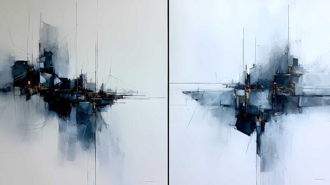 Abstract blue and white diptych with geometric forms and subtle metallic accents
