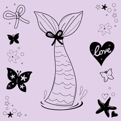 Cute mermaid tail, coastal aesthetic symbols, heart, butterflies, starfish and ribbons. Whimsical mermaid set with coquette decorative elements. Black sketch style, vintage gift collection. 