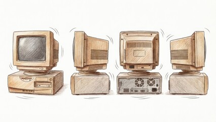 Vintage computer illustration showcasing a series of retro monitors and CPUs, highlighting the evolution of technology with detailed textures and nostalgic design elements