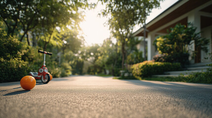 Scooter and ball on garden path at sunset