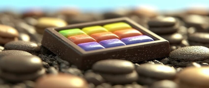 Chocolate box with rainbow colored chewy candies surrounded by coffee beans on  textured surface