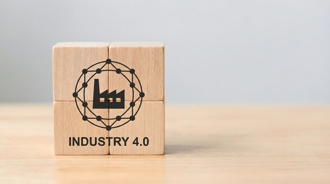 industry 4.0 wooden blocks with industrial icon