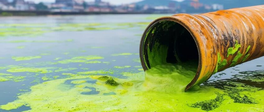 Rusty pipe discharging thick bright green liquid causing severe water pollution and algal bloom
