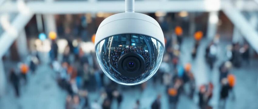 Close up of  dome security camera monitoring  large blurred crowd of people below