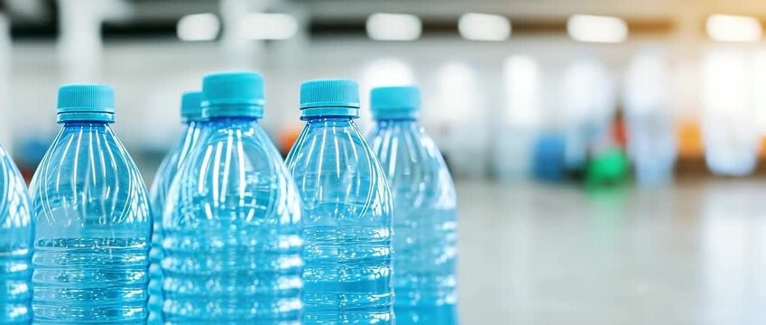 Close up view of several clear plastic water bottles with bright blue caps standing in  row