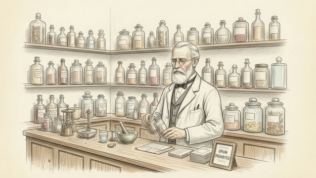 Elderly man in a white coat, working in a vintage apothecary filled with glass jars, preparing a potion with a mortar and pestle, showcasing traditional pharmacy practices