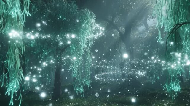 Enchanted Willow Tree Forest With Magical Light Orbs