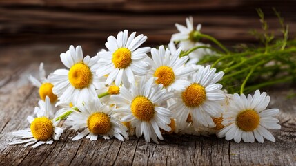 Obraz premium Delicate white chamomile flowers with bright yellow centers scattered on rustic weathered wooden surface, capturing summer's gentle beauty and natural charm