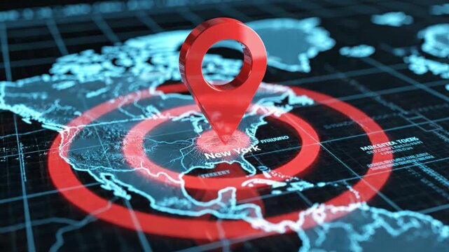 Red map marker over New York digital world map with red target rings and blue grid lines and red map marker over digital map of North America with glowing grid and New York map location marker