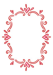 Romantic frame with red swirls and pink hearts. Decorative border for Valentine's Day or wedding invitations. Cute hand-drawn vintage ornament isolated on white background. Vector illustration