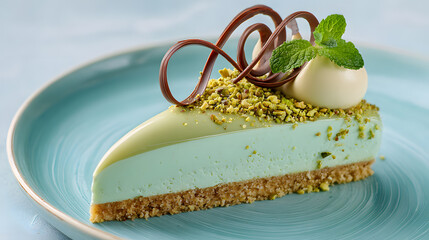 pistachio mousse cake with glossy glaze and chocolate curls