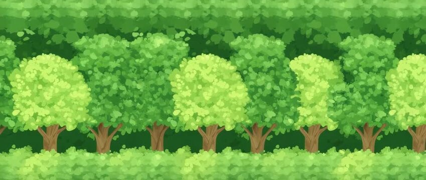 Lush row of deciduous trees with vibrant green foliage and textured canopy illustration