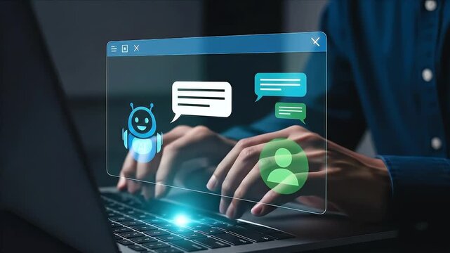 AI chat assistant. AI-powered customer support. Business process automation with conversational AI. Businessperson using laptop computer with conversational virtual assistant.
