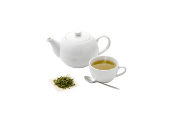 a kettle and a tea cup sitting alone on a white background, green tea