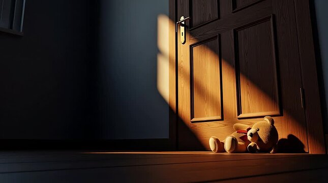 Lonely teddy bear sitting in a dark room with sunlight