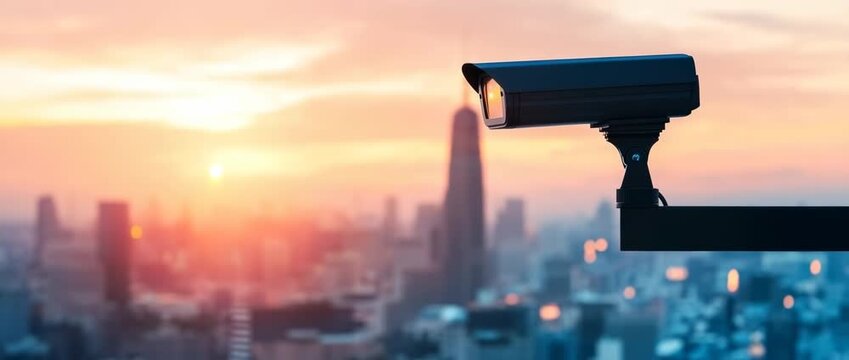 Security surveillance camera mounted overlooking  blurry cityscape during  vibrant orange and pink sunset