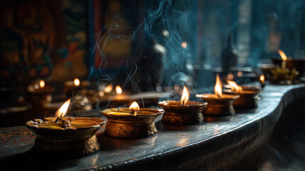 Buddhist monks light candles at Buli Mani Chumey in Bumthang District, Bhutan during a peaceful ceremony