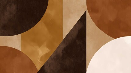 Geometric abstract composition with overlapping circles triangles and arcs in warm earthy tones