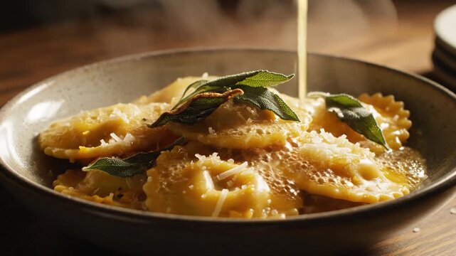 Steaming ravioli bathed in light sauce, shaved cheese, and fresh sage on a rustic plate. with basil
