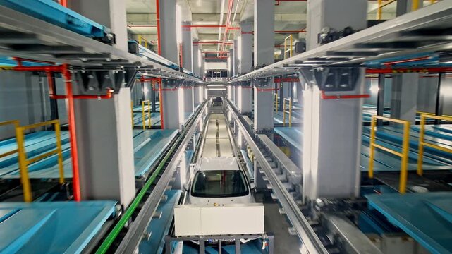 A central transport shuttle carrying a vehicle through the main corridor of an automated robotic parking system, featuring rail tracks, platforms, sensors, and modern industrial infrastructure.