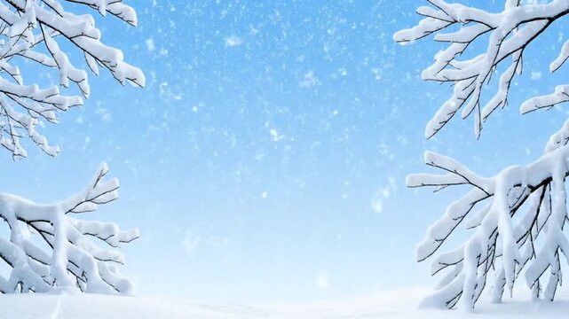 Snow covered tree branches framing clear blue winter sky
