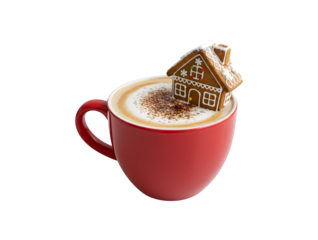 a close-up view of a red mug brimming with cappuccino, accompanied by a gingerbread cookie shaped like a house

