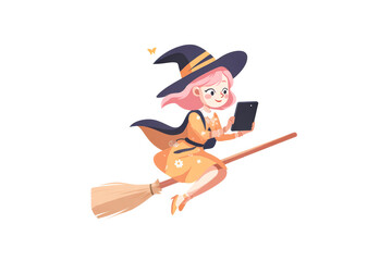 Obraz premium Cartoon witch character illustrated with her hat and broom as part of her simple costume design, made in a playful child style.