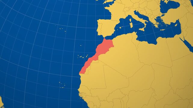 Morocco on Globe. Animated zoom into the country in Ocean Blue Golden Yellow color palette. Morocco logo animation. Map with meridians, parallels. Appealing video.