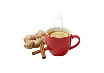 A red cup filled with hot black or green tea, enhanced with lemon and ginger, set against a white backdrop. Ingredients that fight influenza and viruses. A natural remedy.