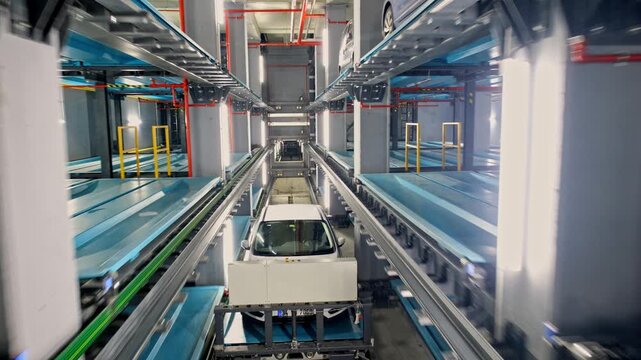 A central transport shuttle carrying a vehicle through the main corridor of an automated robotic parking system, featuring rail tracks, platforms, sensors, and modern industrial infrastructure.