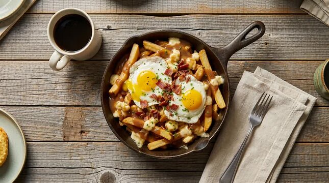 Hearty breakfast poutine with fried eggs and bacon on rustic wood table poutine breakfast fried eggs.