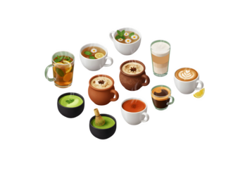 A realistic 3D vector set of cups filled with hot drinks. It includes isometric green and black lemon tea