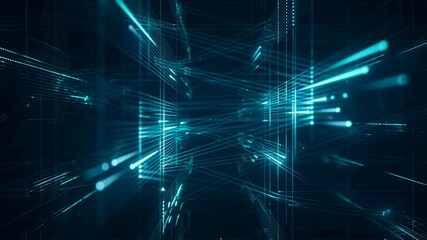 Futuristic digital tunnel with glowing blue lines and data streams. Represents advanced technology and virtual connectivity in a digital landscape