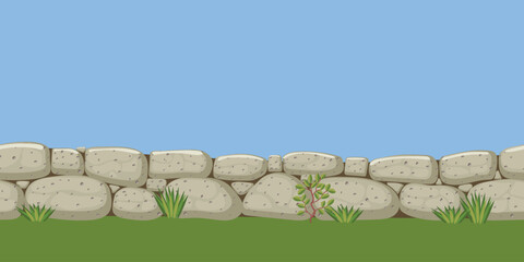 Stone cobblestone fence. Horizontal seamless pattern. Vector illustration.