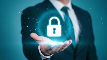 Man in a suit offers a glowing padlock symbol suggesting digital security and privacy. - Powered by Adobe