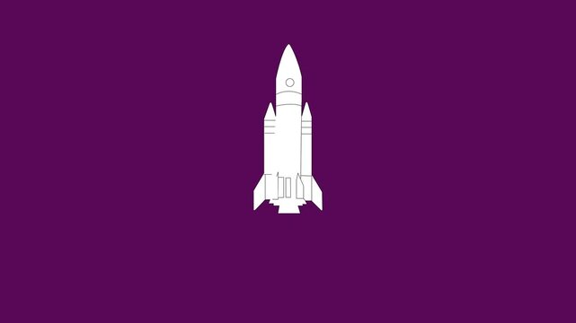 Rocket launching against a green screen background, with a black nose cone and white body, begins its ascent with bright flames and thick smoke billowing 4k.