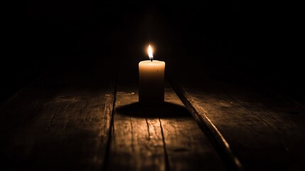 Dark room with single candle flickering on wooden table during power outage, symbolizing temporary darkness and reliance on alternative light sources.
