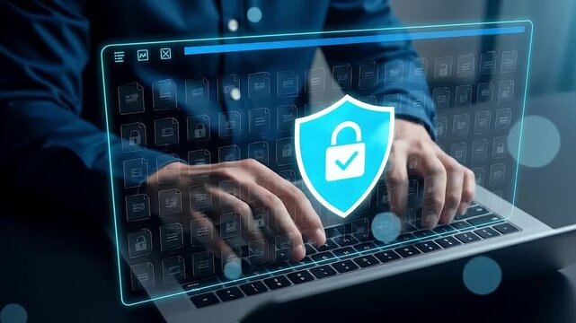 Information security and file encryption system. Secure data storage. Businessman using laptop computer with data protection system.

