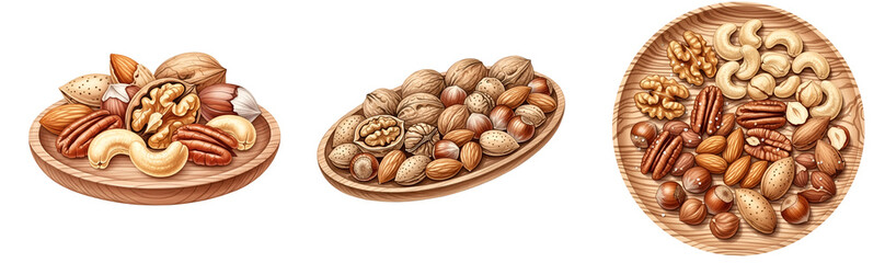 Assorted nuts on wooden plates, including almonds, walnuts, pecans, and cashews on transparent background