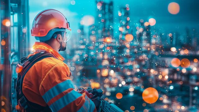 Industrial worker wearing safety helmet and high-visibility jacket overlooking brilliant neon city lights creating glowing bokeh spheres