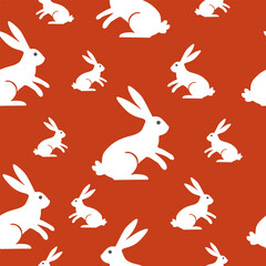Terracotta Easter bunny silhouette pattern, minimalist white jumping rabbits on orange earth tone background